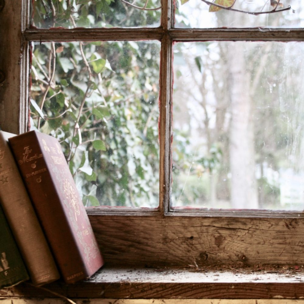 three books leaning on glass window